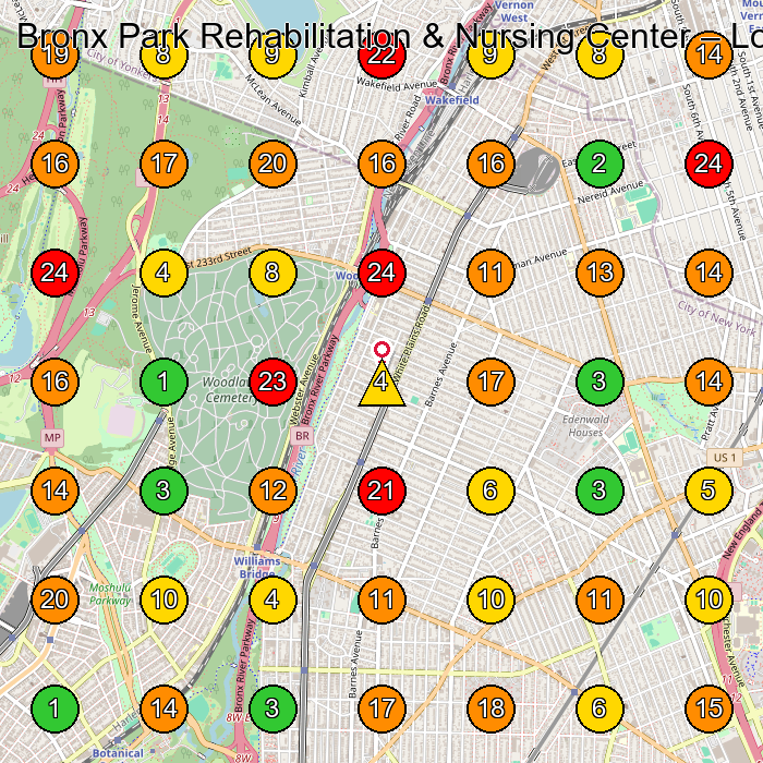 Bronx Park Rehabilitation & Nursing Center Nursing Home GeoGrid ranking map for Bronx NY